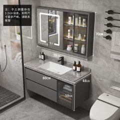 陶瓷一体盆洗手盆柜组合 卫生间轻奢风高光岩板无缝洗脸盆 镜柜一体式浴室柜 灰色 功能类